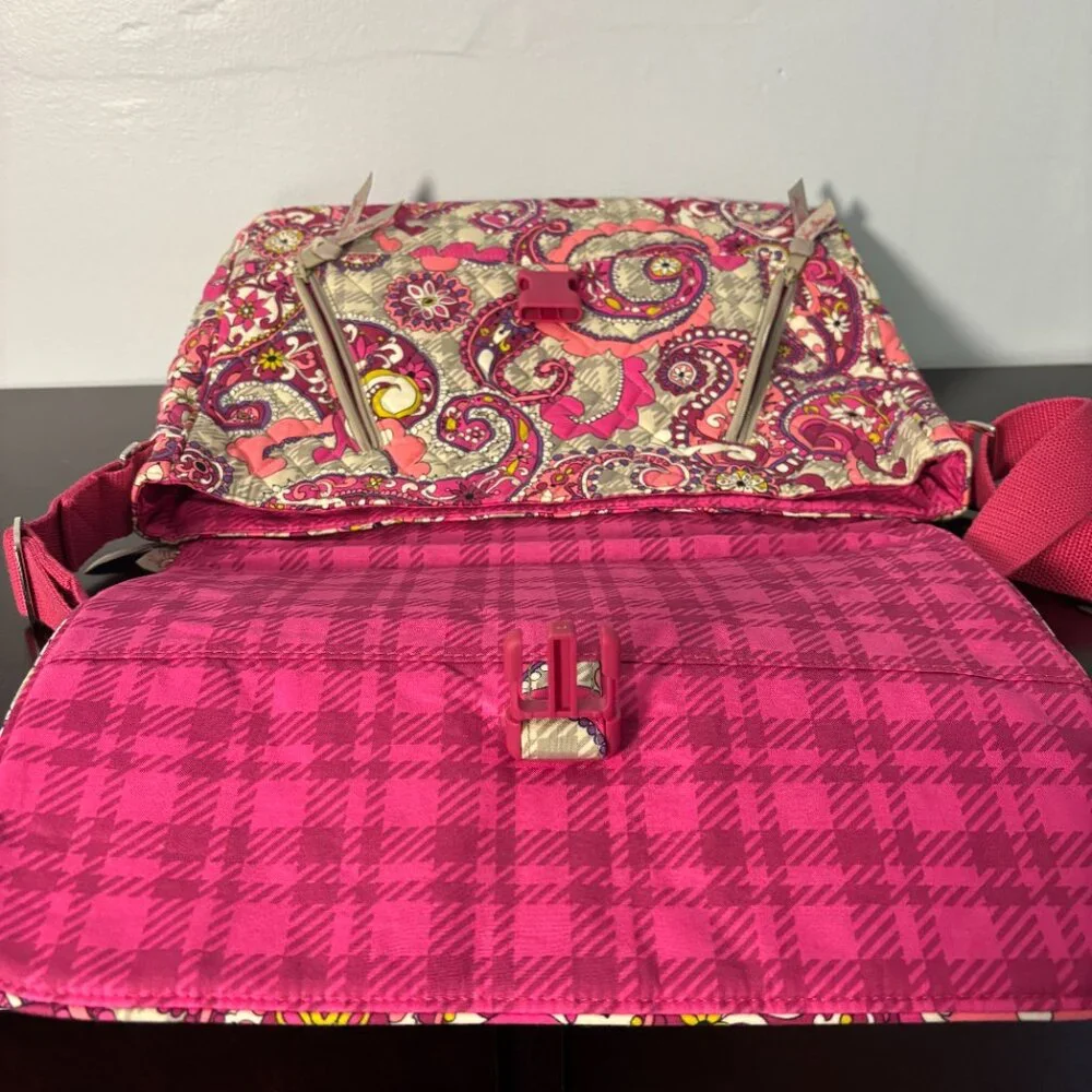 Vera Bradley Paisley Meets Plaid Pink and Gray Quilted Messenger Bag